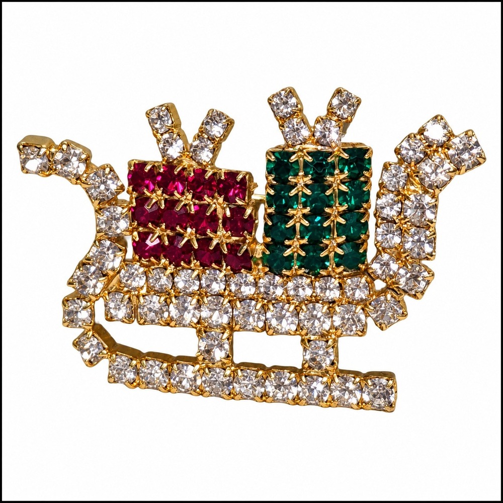 Vintage Christmas Santa Sleigh Rhinestone Brooch Gold Tone Red Green Holiday Pin